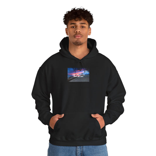 Sunset Roadscape Hoodie — Drum and Bass Neon Sky Graphic