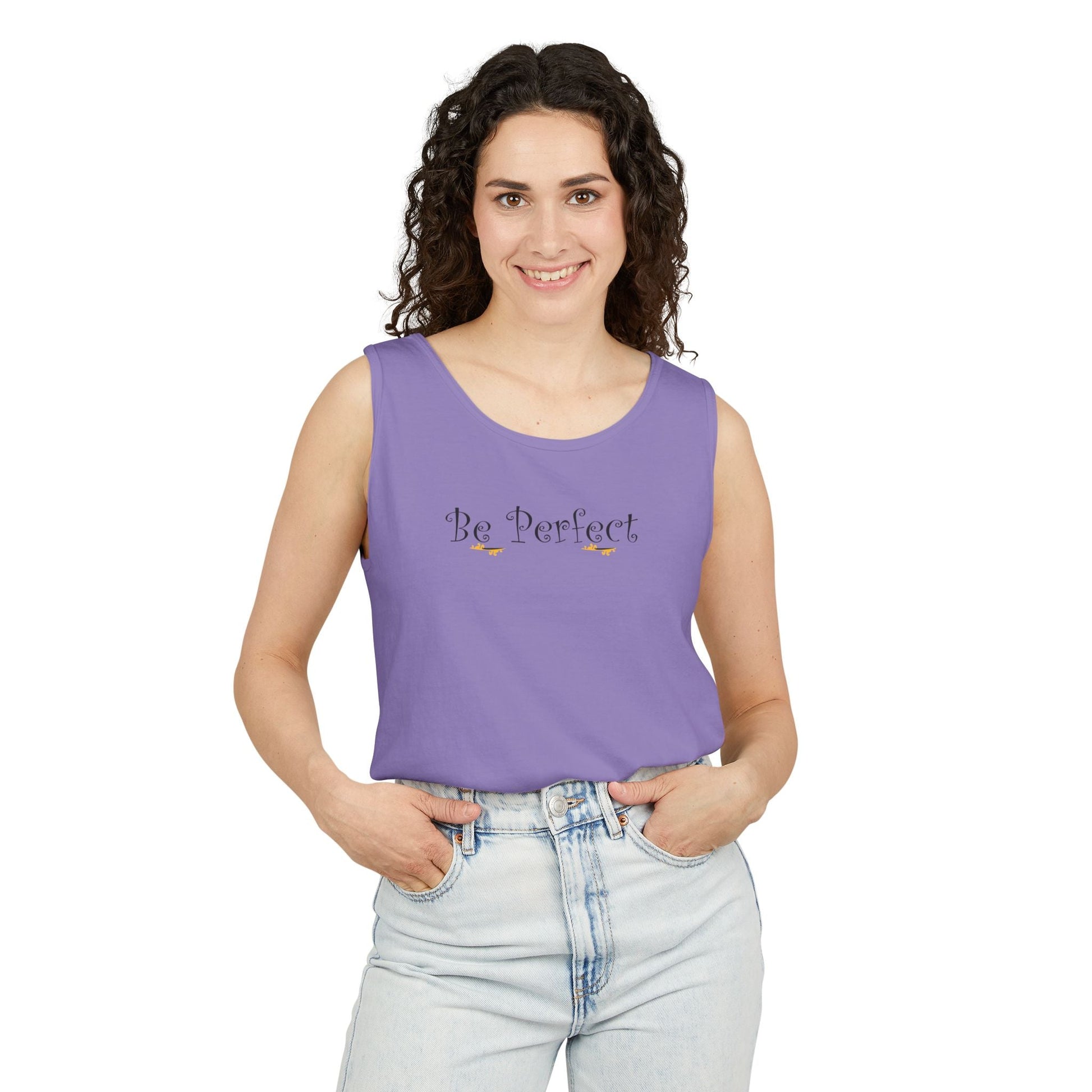 Be Perfect Floral Tank Top — Feminine Script Graphic Tank - Mantleshop