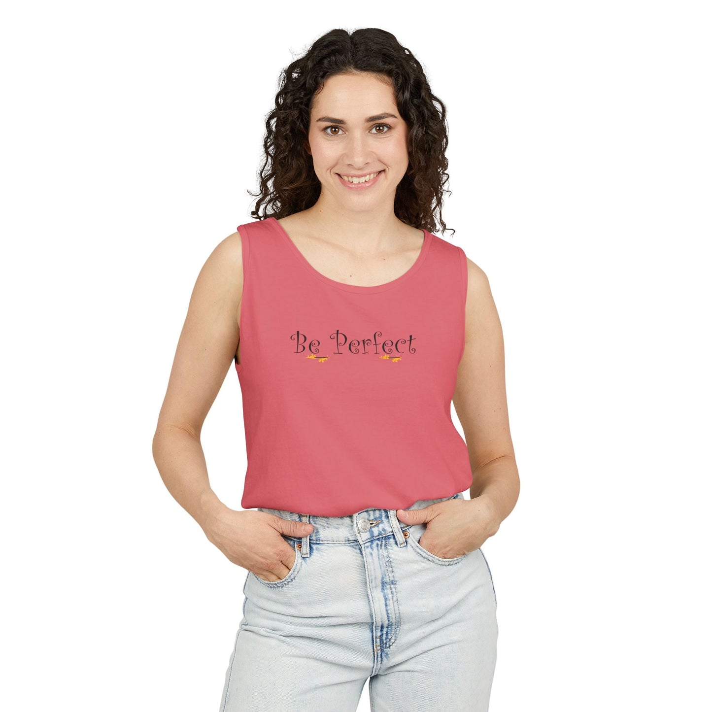 Be Perfect Floral Tank Top — Feminine Script Graphic Tank - Mantleshop
