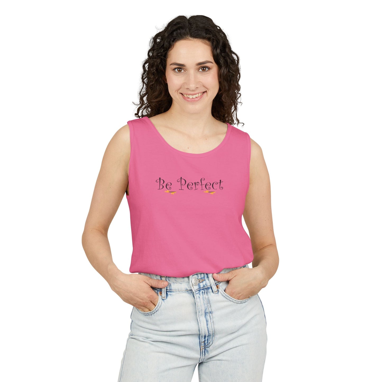 Be Perfect Floral Tank Top — Feminine Script Graphic Tank - Mantleshop