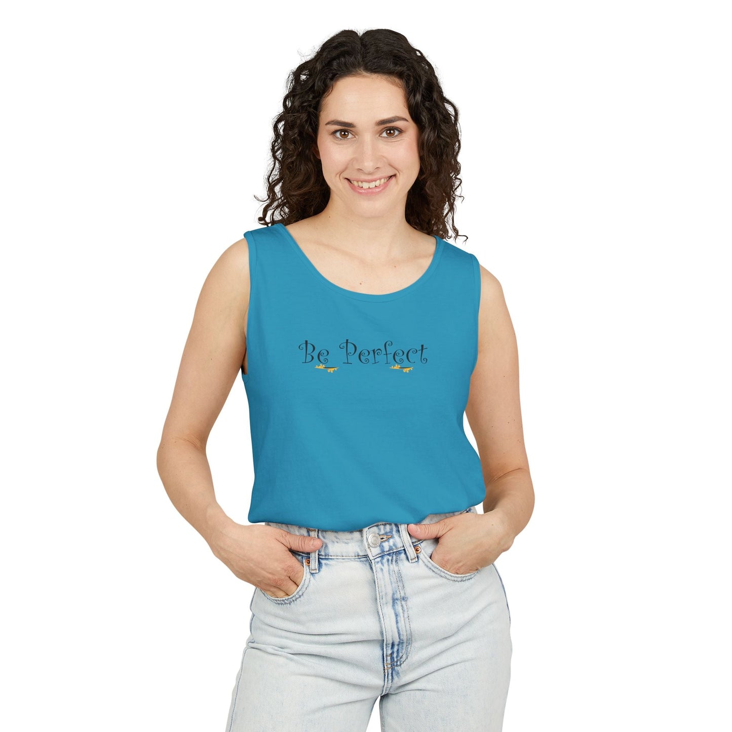Be Perfect Floral Tank Top — Feminine Script Graphic Tank - Mantleshop