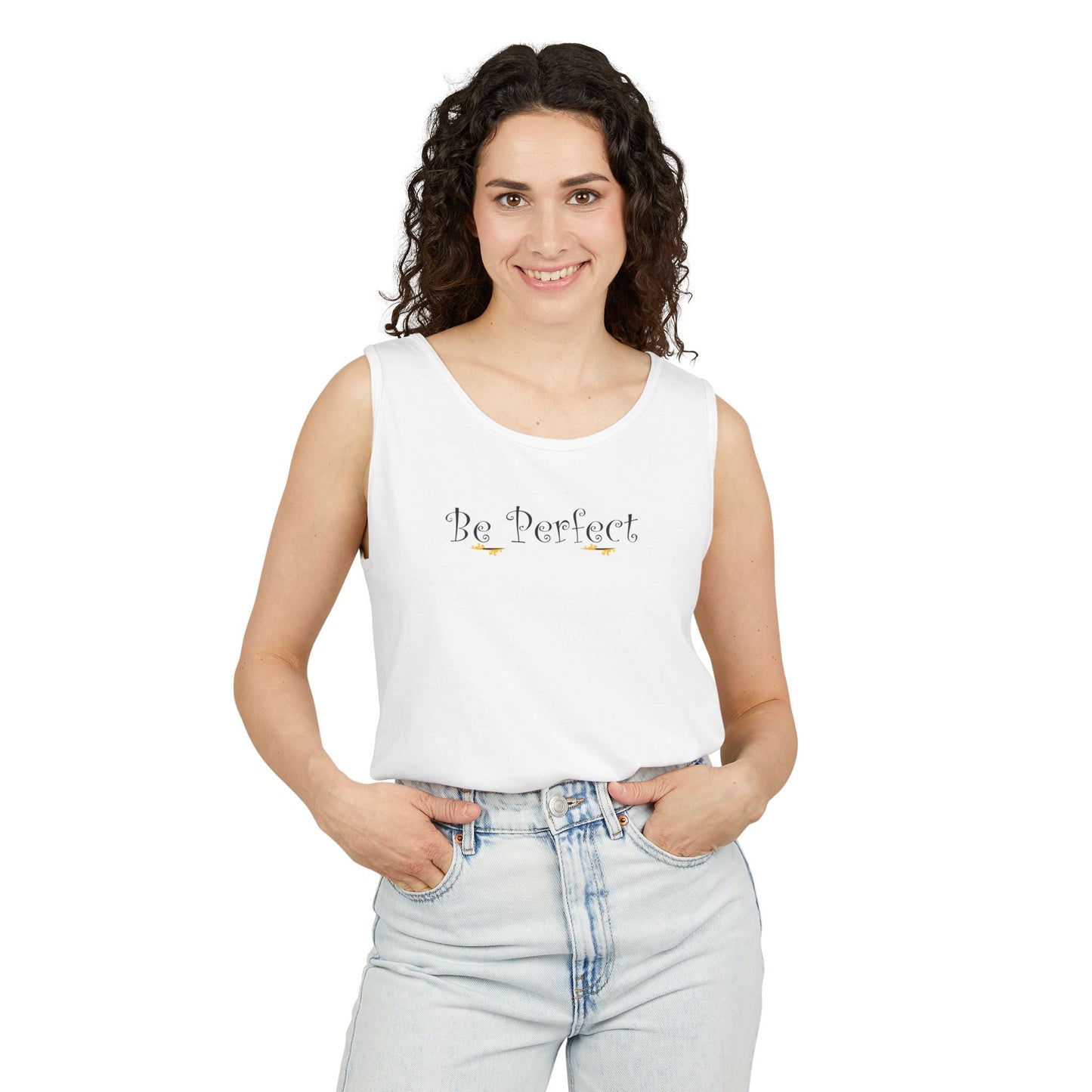 Be Perfect Floral Tank Top — Feminine Script Graphic Tank - Mantleshop